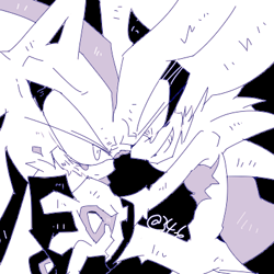 Size: 400x400 | Tagged: safe, artist:34_6, shadow the hedgehog, silver the hedgehog, black background, duo, grin, lidded eyes, looking at each other, monochrome, signature, simple background, smile