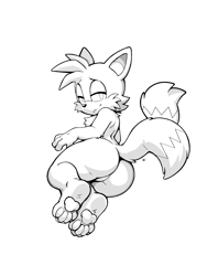 Size: 3072x4096 | Tagged: dead source, suggestive, artist:menzorem, miles "tails" prower, 2024, barefoot, bootyfull tails, butt, lidded eyes, looking at viewer, looking back, looking back at viewer, monochrome, pawpads, paws, simple background, smile, solo, white background