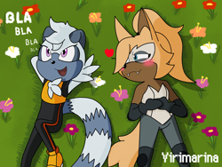 Size: 4160x3120 | Tagged: safe, artist:virimarina, tangle the lemur, whisper the wolf, 2024, blushing, duo, fangs, flower, grass, hands together, lesbian, lesbian pride, looking at them, looking up, lying down, outdoors, pride, shipping, signature, smile, talking, tangle x whisper