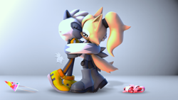 Size: 1920x1080 | Tagged: safe, artist:shinyhexagous, tangle the lemur, whisper the wolf, 2024, 3d, abstract background, birthday, birthday hat, duo, eyes closed, holding each other, hug, kiss, lesbian, party hat, shipping, signature, standing, tangle x whisper