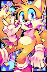 Size: 1326x2048 | Tagged: safe, artist:rikuumii, miles "tails" prower, 2024, abstract background, looking at viewer, mouth open, signature, smile, solo, star (symbol), v sign