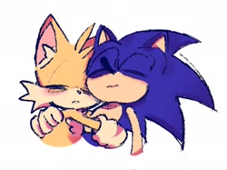 Size: 2048x1535 | Tagged: safe, artist:kuteun0, miles "tails" prower, sonic the hedgehog, 2022, blushing, bust, cute, duo, ear fluff, eyes closed, gay, hugging, mouth open, shipping, simple background, sleeping, smile, snuggling, sonabetes, sonic x tails, tailabetes, white background