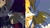 Size: 2048x1152 | Tagged: safe, artist:kuteun0, chaos sonic, miles "tails" prower, nine, sonic the hedgehog, sonic prime, 2024, abstract background, kneeling, looking at viewer, mouth open, shadow (lighting), solo, two sides