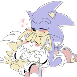 Size: 2000x2000 | Tagged: safe, artist:la_gata_golosa_, miles "tails" prower, sonic the hedgehog, 2024, blushing, cute, duo, eyes closed, floppy ears, gay, holding each other, kneeling, shipping, signature, simple background, sitting, smile, sonabetes, sonic x tails, tailabetes, wagging tail, white background