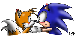 Size: 2048x998 | Tagged: safe, artist:aoi-sen, miles "tails" prower, sonic the hedgehog, 2024, blushing, blushing ears, classic sonic, classic tails, duo, frown, gay, holding them, looking at each other, mobius.social exclusive, mouth open, noses are touching, shipping, signature, simple background, sonic x tails, white background