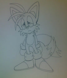 Size: 605x700 | Tagged: safe, artist:emi-rosu, miles "tails" prower, 2010, frown, lidded eyes, line art, looking offscreen, monochrome, pencilwork, sad, solo, standing, traditional media