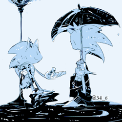 Size: 400x400 | Tagged: safe, artist:34_6, sonic the hedgehog, blue background, classic sonic, duo, holding something, looking at each other, monochrome, self paradox, simple background, standing, umbrella