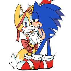 Size: 1000x1000 | Tagged: safe, artist:koreen_tutku01, miles "tails" prower, sonic the hedgehog, 2024, blushing, bow, christmas, christmas hat, duo, frown, gay, holding hands, looking at them, looking down, ribbon, shipping, simple background, smile, sonic x tails, standing, white background