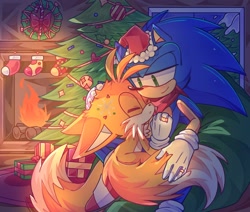 Size: 2048x1736 | Tagged: safe, artist:cup99mug33992, miles "tails" prower, sonic the hedgehog, 2024, abstract background, christmas, christmas hat, christmas stocking, cute, duo, eyes closed, fireplace, gay, indoors, lidded eyes, nighttime, present, ring (jewelry), scarf, shipping, sitting, smile, snuggling, sonic x tails, tree, wedding ring, window