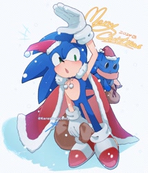 Size: 1048x1222 | Tagged: safe, artist:kerensoniconly, sonic the hedgehog, chao, 2024, bag, cape, character chao, christmas, christmas hat, christmas outfit, duo, holding something, mouth open, scarf, simple background, snow, snowing, sonic chao, standing, white background