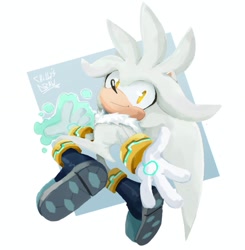 Size: 1315x1342 | Tagged: safe, artist:drawchill_s, silver the hedgehog, 2024, abstract background, arms out, lineless, looking at viewer, signature, smile, solo