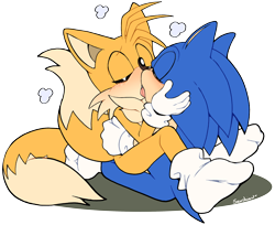 Size: 2048x1671 | Tagged: safe, artist:senshion, miles "tails" prower, sonic the hedgehog, blushing, duo, eyes closed, flat colors, gay, holding each other, kiss, making out, shadow (lighting), shipping, signature, simple background, sitting, sitting on lap, sitting on them, sonic x tails, transparent background