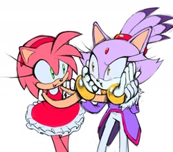 Size: 1868x1645 | Tagged: safe, artist:slickevaan, amy rose, blaze the cat, 2024, amy x blaze, blushing, cute, duo, hands on another's face, lesbian, looking at each other, mouth open, shipping, simple background, smile, standing, white background