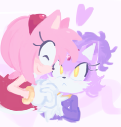 Size: 629x658 | Tagged: safe, artist:domadrdeabuelas, amy rose, blaze the cat, 2024, :<, amy x blaze, amybetes, blazebetes, blushing, cute, duo, eyes closed, heart, holding hands, lesbian, looking at them, shipping, simple background, white background