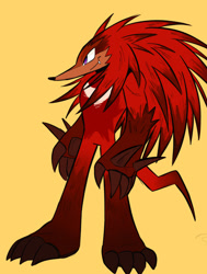 Size: 1387x1838 | Tagged: safe, artist:scribble0rat, knuckles the echidna, 2024, barefoot, claws, gloves off, looking offscreen, one fang, redesign, side view, simple background, smile, solo, standing, yellow background