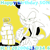 Size: 400x400 | Tagged: safe, artist:34_6, sonic the hedgehog, birthday, eating, food, fork, happy birthday, holding something, lidded eyes, monochrome, outline, simple background, sitting, solo, text, white outline, yellow background