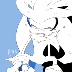 Size: 400x400 | Tagged: safe, artist:34_6, silver the hedgehog, blue background, eyes closed, grin, monochrome, signature, simple background, smile, solo