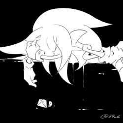 Size: 400x400 | Tagged: safe, artist:34_6, sonic the hedgehog, black background, eyes closed, greyscale, lying down, lying on side, monochrome, signature, simple background, solo