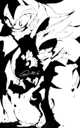 Size: 313x500 | Tagged: safe, artist:34_6, mephiles the dark, silver the hedgehog, duo, greyscale, monochrome, signature