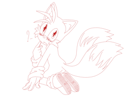 Size: 1280x985 | Tagged: safe, artist:miles-lover, miles "tails" prower, blushing, kneeling, line art, looking at viewer, looking back, looking back at viewer, monochrome, mouth open, question mark, simple background, solo, white background