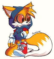 Size: 800x874 | Tagged: safe, artist:nonananana, miles "tails" prower, alternate outfit, boots, fingerless gloves, goggles, hand in pocket, hoodie, looking offscreen, shoelaces, signature, simple background, smile, solo, walking, white background