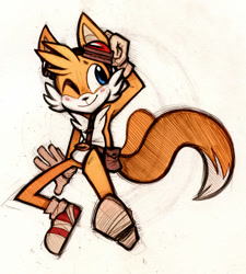 Size: 647x719 | Tagged: safe, artist:superflatpsyche, miles "tails" prower, art trade, blushing, looking offscreen, simple background, sketch, smile, solo, sonic boom (tv), wink