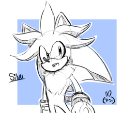 Size: 632x589 | Tagged: safe, artist:pyonsukis, silver the hedgehog, abstract background, looking offscreen, mouth open, signature, sketch, smile, standing