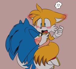 Size: 2048x1854 | Tagged: safe, artist:jhoycookie, miles "tails" prower, sonic the hedgehog, 2024, blushing, blushing ears, brown background, duo, exclamation mark, flat colors, floppy ears, gay, lidded eyes, looking at each other, mouth open, picking them up, shipping, simple background, smile, smirk, sonic x tails, standing, surprised