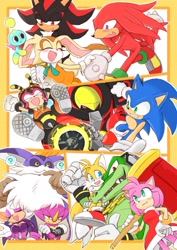 Size: 647x915 | Tagged: safe, artist:yotsumeddd, amy rose, big the cat, charmy bee, cream the rabbit, e-123 omega, espio the chameleon, knuckles the echidna, miles "tails" prower, rouge the bat, shadow the hedgehog, sonic the hedgehog, vector the crocodile, everyone is here, group