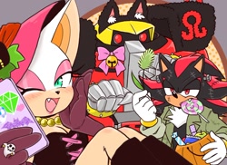 Size: 1246x905 | Tagged: safe, artist:yotsumeddd, e-123 omega, rouge the bat, shadow the hedgehog, halloween