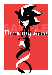 Size: 350x500 | Tagged: safe, artist:34_6, shadow the hedgehog, border, cover art, english text, red background, simple background, sitting, solo