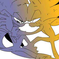 Size: 400x400 | Tagged: safe, artist:34_6, sonic the hedgehog, super sonic, dark form, dark sonic, duo, grin, limited palette, looking at each other, self paradox, simple background, smile, super form, white background