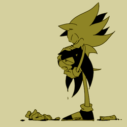 Size: 400x400 | Tagged: semi-grimdark, artist:34_6, sonic the hedgehog, super sonic, dark form, dark sonic, duo, eyes closed, holding something, self paradox, severed head, simple background, standing, super form, yellow background