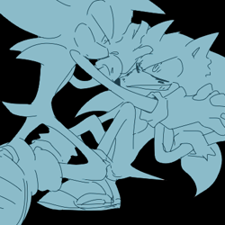 Size: 400x400 | Tagged: safe, artist:34_6, sonic the hedgehog, super sonic, black background, dark form, dark sonic, duo, grin, holding hands, looking at each other, monochrome, self paradox, simple background, smile, super form