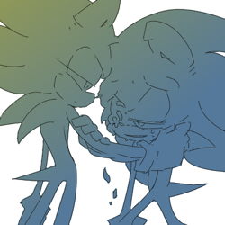 Size: 400x400 | Tagged: safe, artist:34_6, sonic the hedgehog, super sonic, dark form, dark sonic, duo, flower, hand on another's arm, limited palette, looking at them, self paradox, simple background, super form, white background