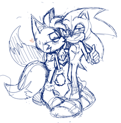 Size: 634x646 | Tagged: safe, artist:proproship, miles "tails" prower, sonic the hedgehog, 2024, blushing, duo, eyes closed, gay, heart, kiss on cheek, lidded eyes, line art, looking at viewer, pointing, shipping, simple background, sketch, smirk, sonic x tails, standing, top surgery scars, trans male, transgender, white background