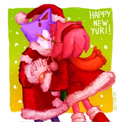 Size: 2048x2048 | Tagged: safe, artist:_bomb_chan_, amy rose, blaze the cat, 2024, abstract background, alternate outfit, amy x blaze, christmas, christmas hat, christmas outfit, cute, duo, english text, eyes closed, holding hands, kiss, lesbian, scarf, shipping, snow, standing