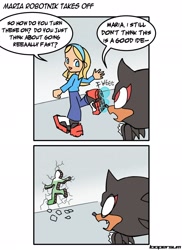 Size: 1490x2048 | Tagged: safe, artist:loopersum, maria robotnik, shadow the hedgehog, human, 2024, abstract background, child, comic, dialogue, duo, english text, flat colors, grass, indoors, looking at each other, mouth open, one fang, shadow's hover skates, shocked, signature, speech bubble, wall, younger