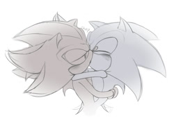 Size: 775x548 | Tagged: safe, artist:chepenka_a, shadow the hedgehog, sonic the hedgehog, blushing, duo, eyes closed, gay, holding each other, kiss, lidded eyes, monochrome, shadow x sonic, shipping, simple background, standing, wagging tail, white background