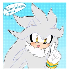 Size: 1211x1274 | Tagged: safe, artist:daisiesarecool, silver the hedgehog, :3, abstract background, blushing, border, english text, heart, mouth open, neck fluff, one fang, outline, pointing, positivity, silvabetes, solo