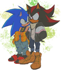 Size: 1744x2026 | Tagged: safe, artist:halpdevon, shadow the hedgehog, sonic the hedgehog, 2020, alternate outfit, duo, hands in pocket, jacket, looking at each other, pants, standing