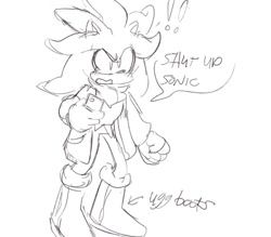 Size: 1024x899 | Tagged: safe, artist:halpdevon, silver the hedgehog, 2020, alternate shoes, alternate universe, au:flower shop, comic, english text, exclamation mark, greyscale, jacket, monochrome, phone, solo, speech bubble