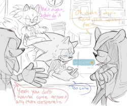 Size: 1023x856 | Tagged: safe, artist:halpdevon, blaze the cat, knuckles the echidna, mighty the armadillo, sonic the hedgehog, 2020, alternate universe, arms folded, au:flower shop, comic, english text, greyscale, group, indoors, monochrome, speech bubble, texting