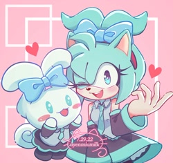 Size: 1026x967 | Tagged: safe, artist:_miumilk_, amy rose, cinnamoroll, cosplay, crossover, duo, hatsune miku, heart, pink background, sanrio, simple background, vocaloid