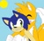 Size: 605x558 | Tagged: safe, artist:sontailss, miles "tails" prower, sonic the hedgehog, 2011, age difference, base used, blue background, duo, eyes closed, flat colors, floppy ear, gay, mouth open, ms paint, riding on back, shipping, simple background, smile, sonic x tails, sun