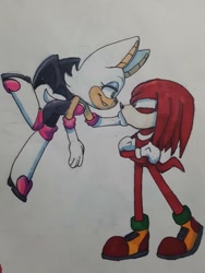 Size: 768x1024 | Tagged: safe, artist:gloomy bloomy, knuckles the echidna, rouge the bat, 2020, annoyed, arms folded, duo, flying, hand on another's face, knuxouge, looking at each other, pout, shipping, smile, traditional media