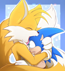 Size: 1050x1147 | Tagged: safe, artist:s2-freak, miles "tails" prower, sonic the hedgehog, 2024, abstract background, aged up, claws, cute, duo, eyes closed, fangs, frown, hugging, licking, licking face, mouth open, older, outline, standing, surprised, tongue out