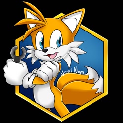 Size: 1280x1280 | Tagged: safe, artist:nomi nom, miles "tails" prower, 2020, arms folded, black background, holding something, looking at viewer, mouth open, one fang, signature, simple background, smile, solo, standing, wrench