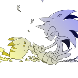 Size: 400x400 | Tagged: safe, artist:34_6, sonic the hedgehog, crossover, duo, eyes closed, heart, limited palette, pikachu, pokemon, simple background, sitting, smile, white background