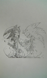 Size: 240x400 | Tagged: safe, artist:34_6, shadow the hedgehog, sonic the hedgehog, 2010, duo, greyscale, monochrome, standing, traditional media